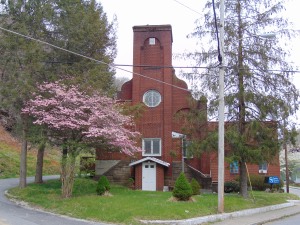 Church with pink dogwood